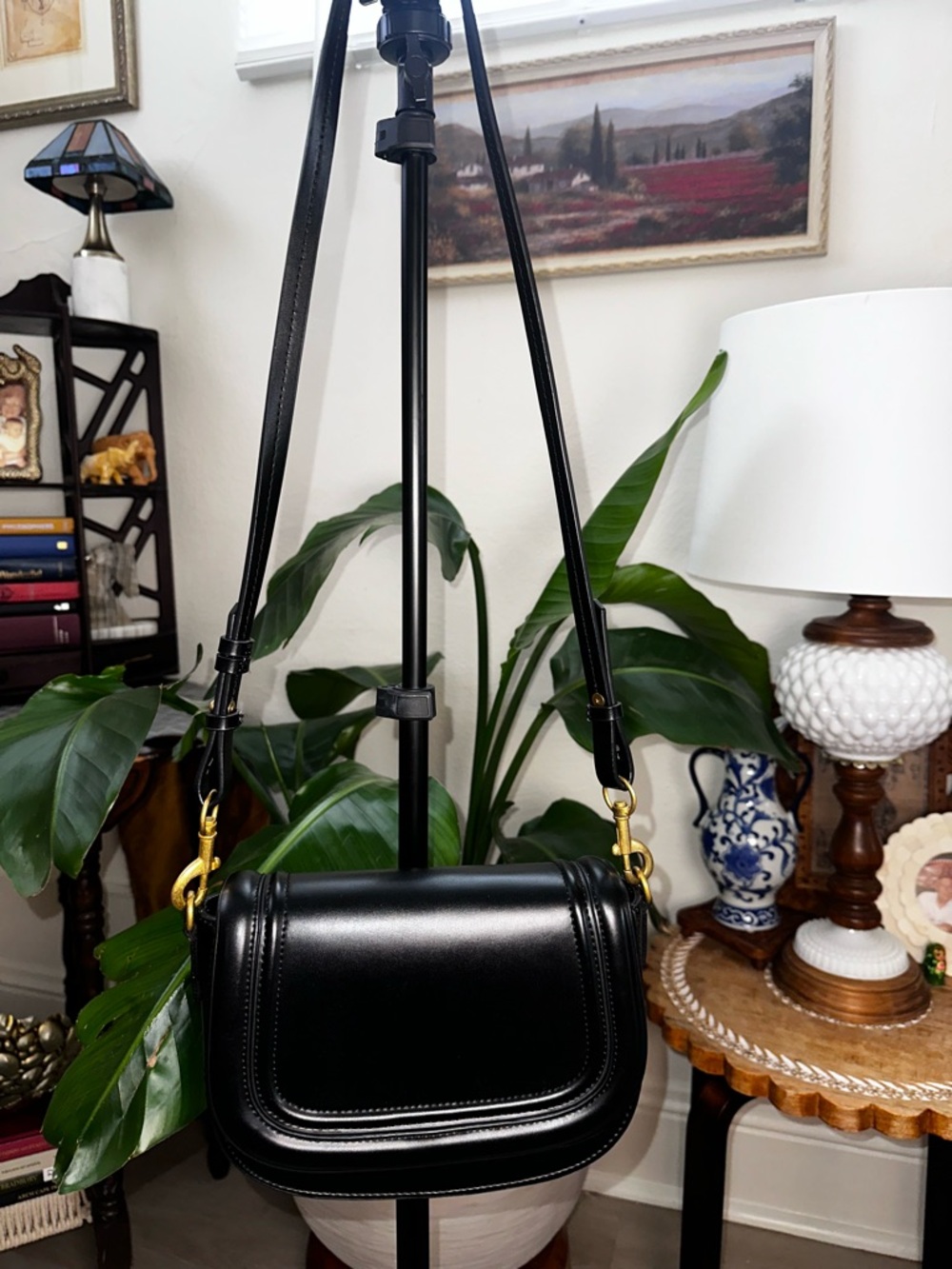 Zara Black Leather Crossbody Saddle Bag with Gold Hardware